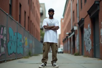 Rappeur américain de drill posant dans une rue urbaine de Brooklyn avec des murs tagués en arrière-plan