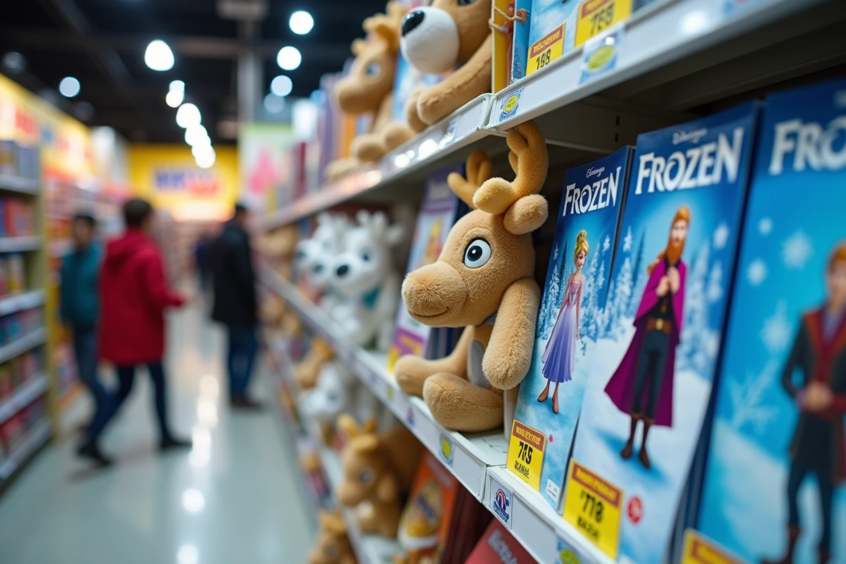 Rayon de jouets en magasin présentant des figurines et peluches du personnage Kristoff du film Disney Frozen