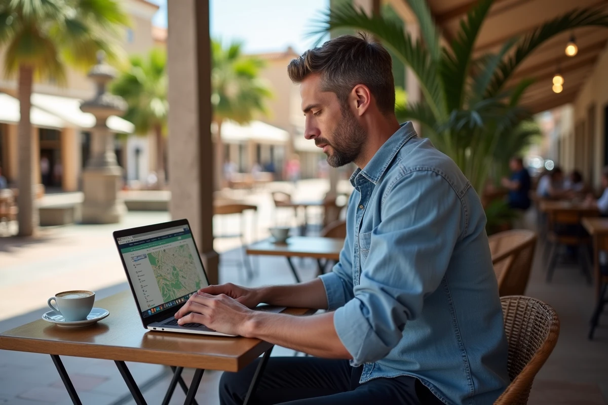 Homme recherchant des entreprises locales sur son ordinateur en terrasse de café à Perpignan