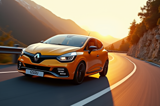 Renault Clio 2 RS en conduite sur une route de montagne au lever du soleil