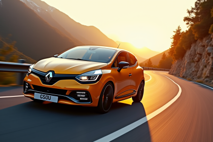 Renault Clio 2 RS en conduite sur une route de montagne au lever du soleil