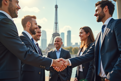 Professionnels en costume se serrant la main devant un bâtiment moderne à Paris