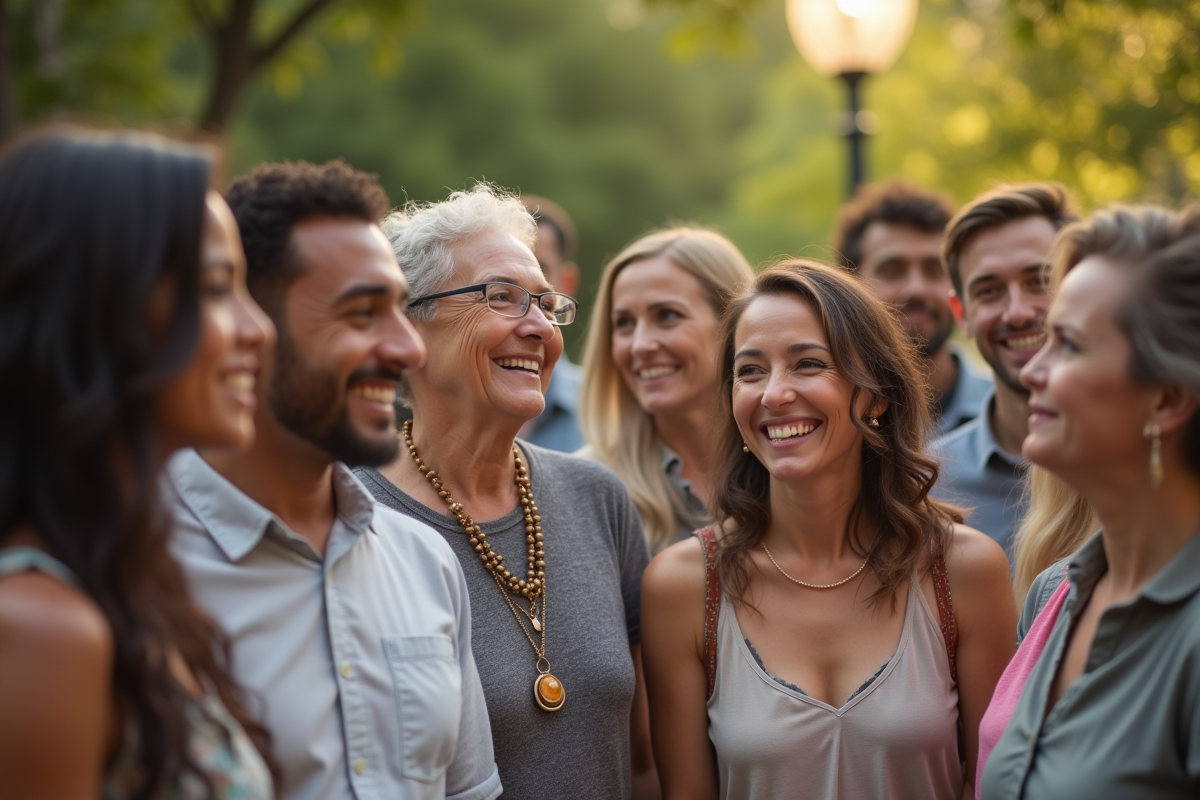 Groupe de personnes diverses partageant un moment convivial en plein air