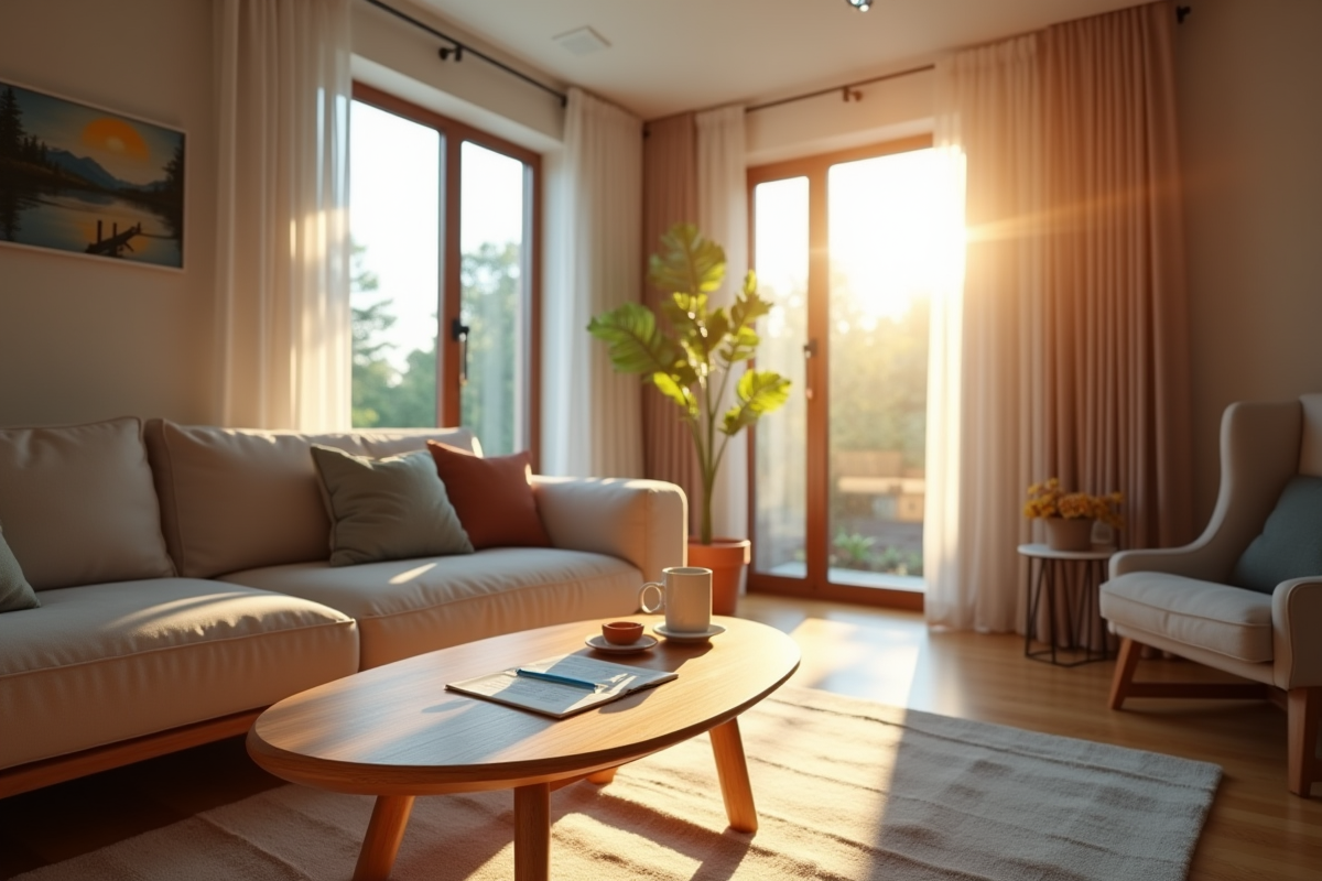 Salon rénové avec éclairage LED et certificat d