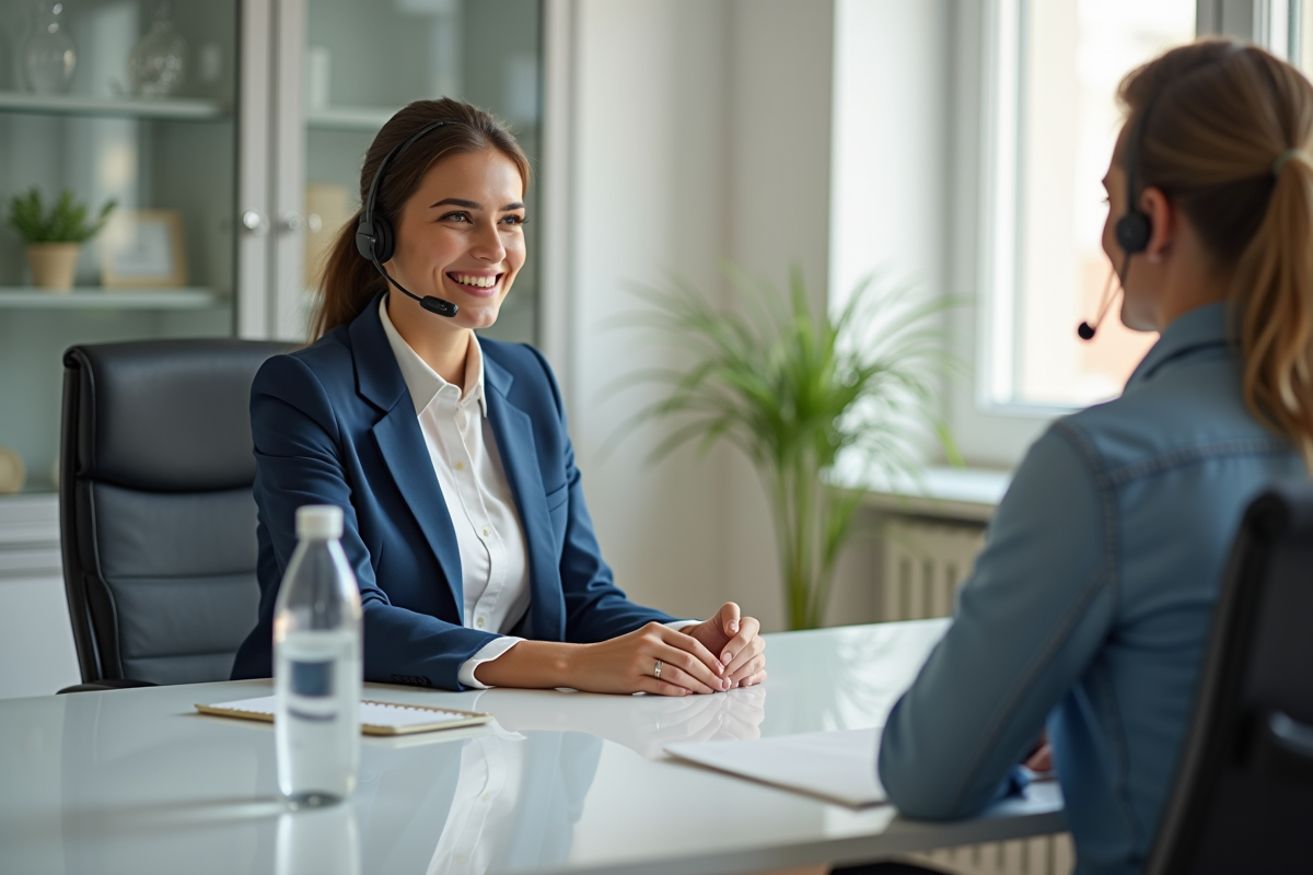Représentant service client souriant avec client au bureau