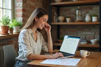 Femme réservant des vacances en ligne sur un ordinateur portable avec un calendrier ouvert marquant les jours fériés 2026