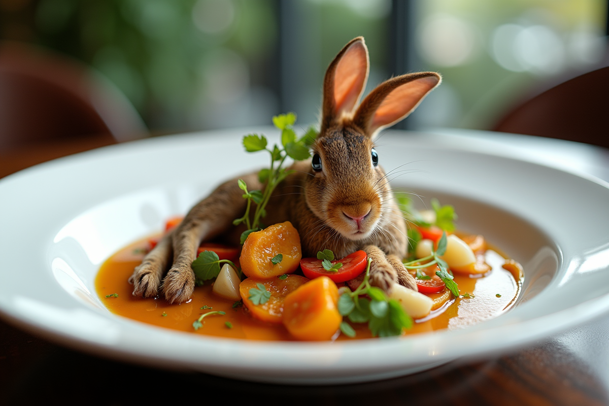 Plat de lapin déstructuré dans un restaurant moderne et élégant