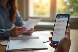 Mains tenant un relevé bancaire et un smartphone sur un bureau lumineux