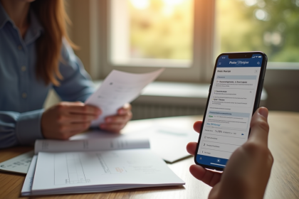 Mains tenant un relevé bancaire et un smartphone sur un bureau lumineux