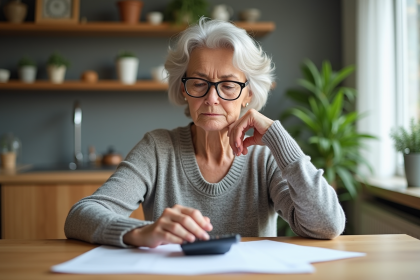 Femme retraitée examine documents de pension dans sa cuisine