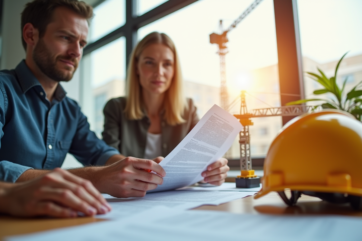 Ingénieurs analysant un contrat avec modèle de grue