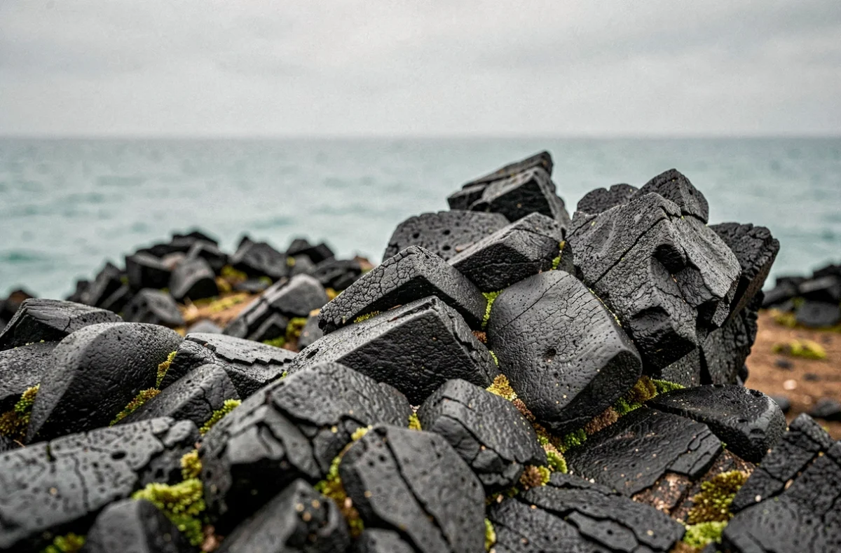 Formation de roche volcanique noire en basalte sur une île volcanique japonaise avec vue sur l'océan Pacifique