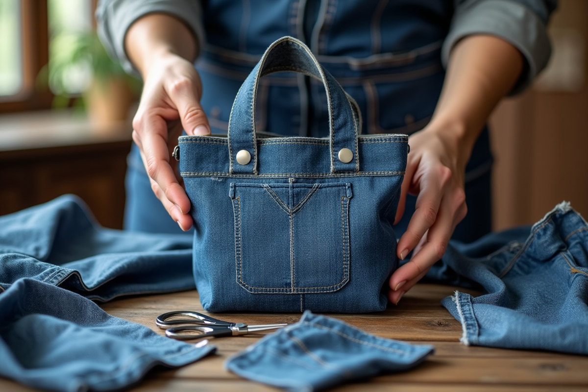 Mains tenant un sac en denim fait main avec outils de couture