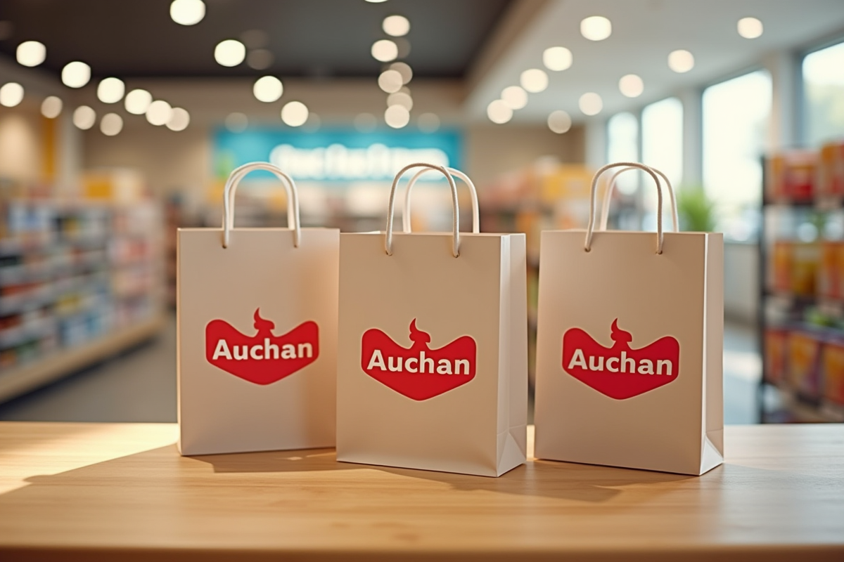 Sacs de courses Auchan sur un comptoir en magasin