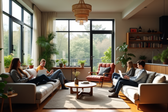 Salon moderne dans une maison de coliving avec jeunes adultes
