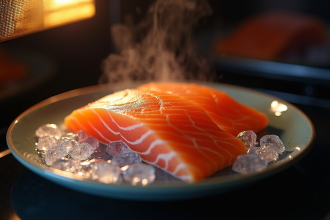 Filet de saumon partiellement décongele sur un plat micro-ondable