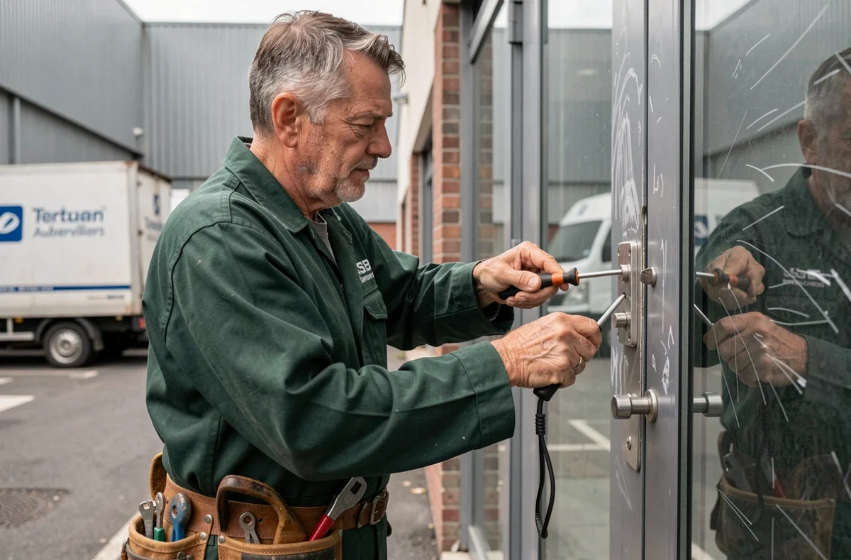 Serrurier-vitrier SB Serrurerie sécurisant une porte vitrée commerciale à Aubervilliers