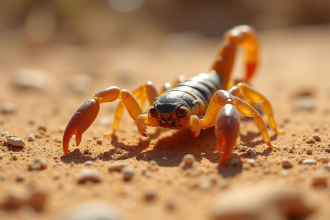 Gros plan d'un scorpion dans le désert ensoleille avec textures visibles