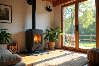Salon chaleureux avec poêle à pellets moderne et vue sur la campagne