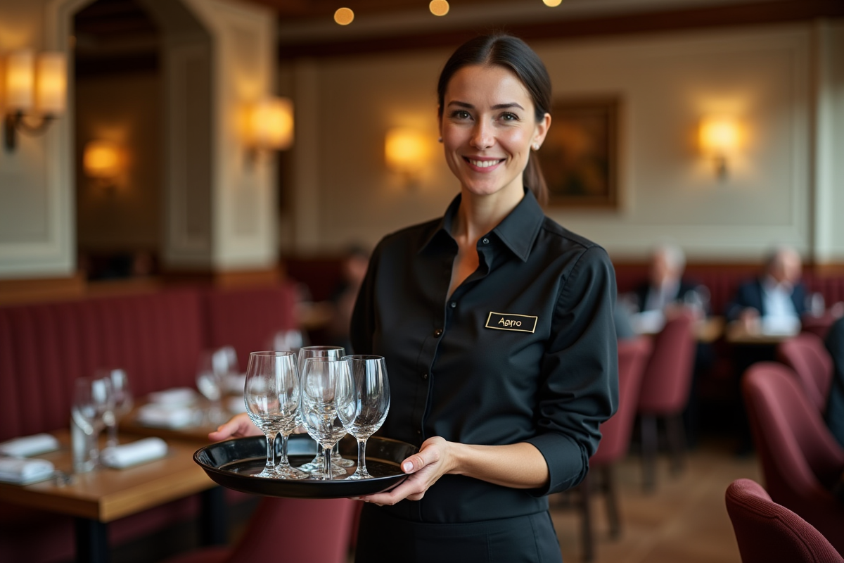 Serveuse avec plateau dans restaurant animé