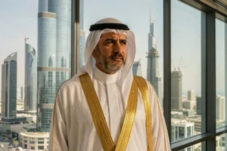 Sheikh en tenue traditionnelle émiratie contemplant la skyline moderne de Dubaï, symbolisant la tension entre tradition et modernisation rapide