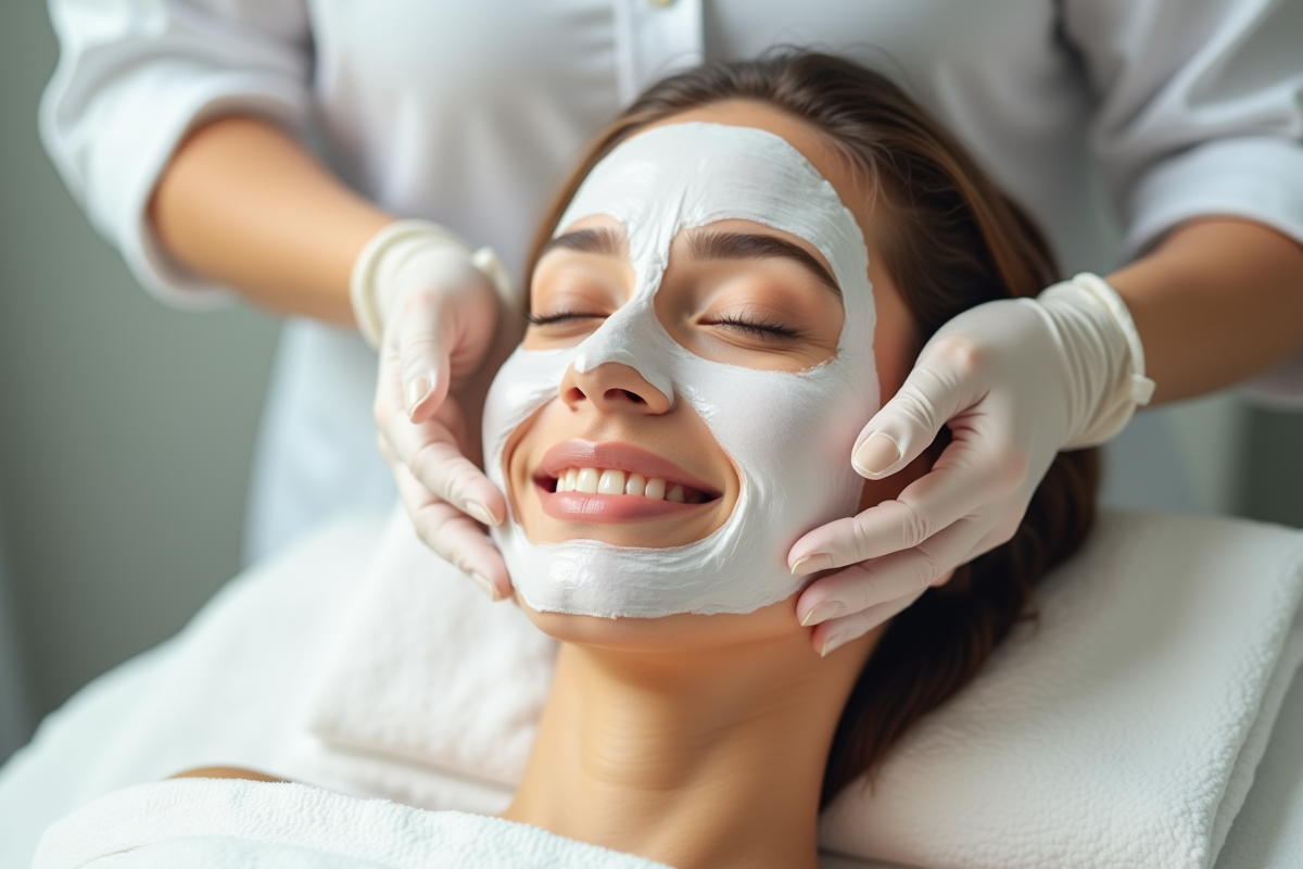 Femme souriante recevant un soin visage dans une clinique moderne