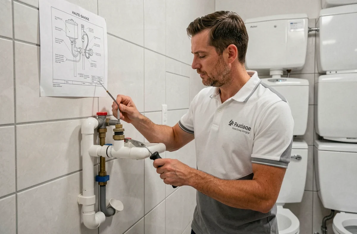 Artisan polyvalent de SPC 74 Sanitaire Plomberie Chauffage installant une salle de bain complète en Haute-Savoie