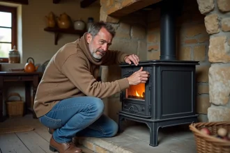 Homme moyenâgeux ajustant un poêle en Normandie