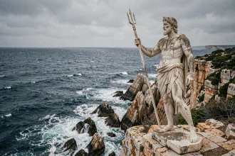 Statue antique de Poséidon en marbre sur une falaise rocheuse dominant une mer agitée, évoquant la mythologie grecque marine