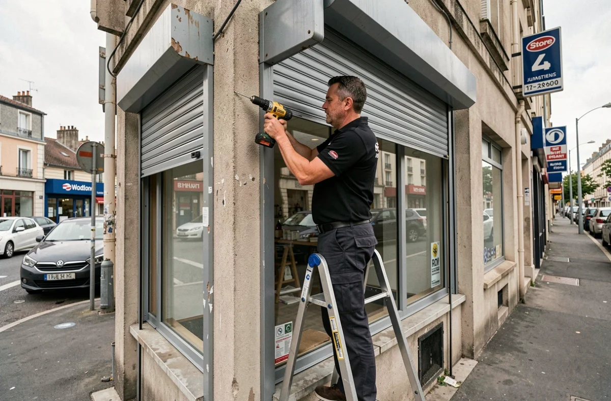 Installateur Store 2000 posant un volet roulant sur une vitrine commerciale en Seine-Saint-Denis