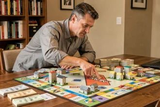 Homme analysant une stratégie de farm sur un plateau de Monopoly avec des billets et des maisons disposés stratégiquement