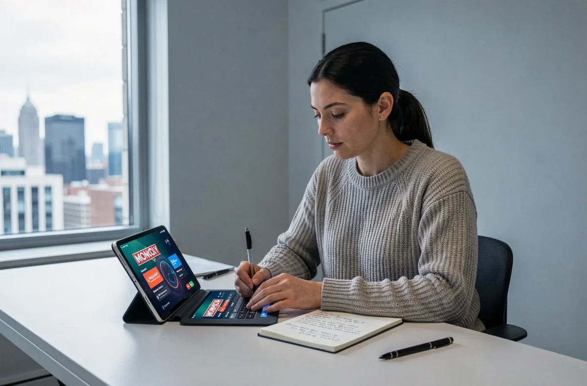 Femme prenant des notes de stratégie pour optimiser le farm dans le jeu Monopoly Magnat sur tablette