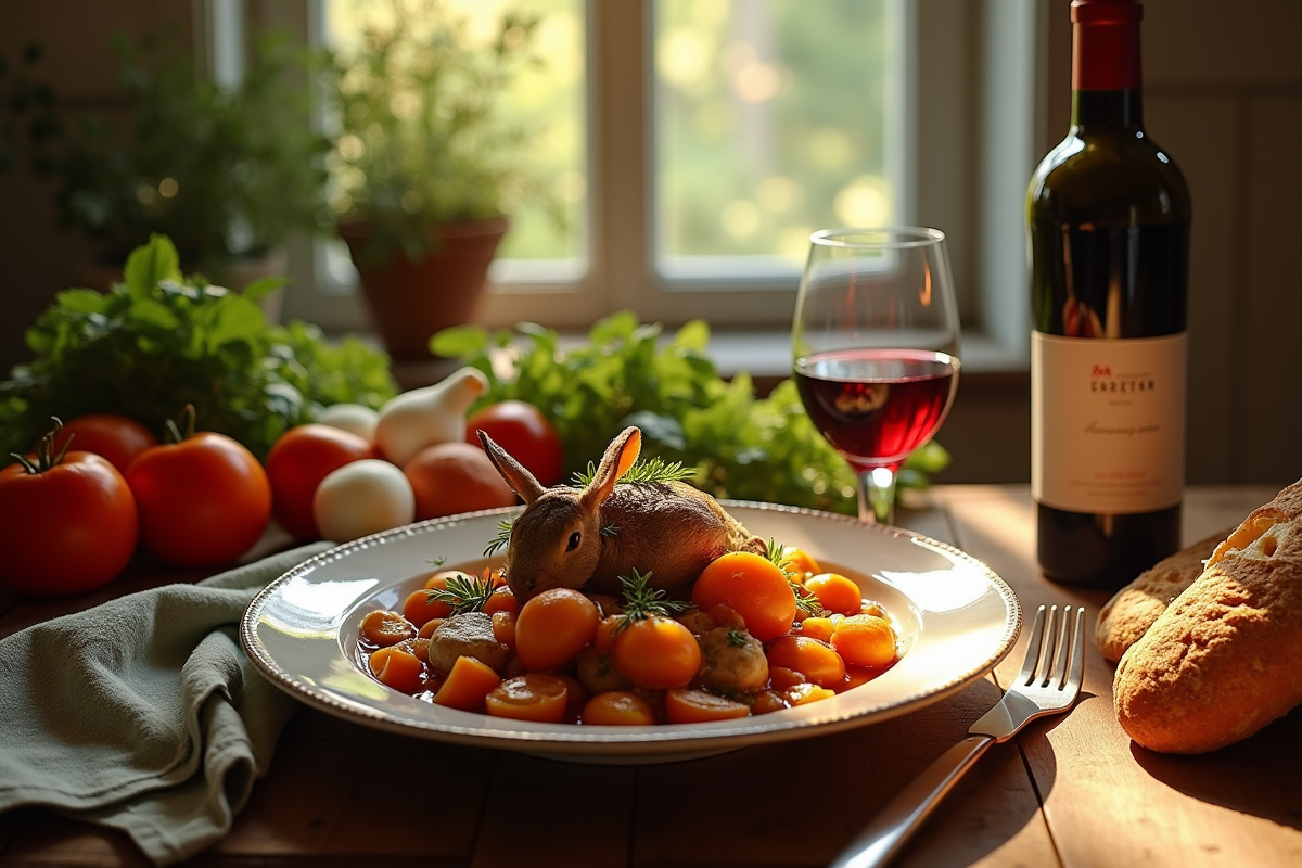 Table de cuisine traditionnelle française avec un plat de lapin en sauce