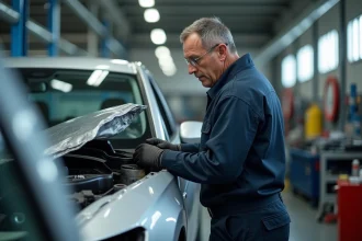Technicien en carrosserie inspectant une aile avant endommagée d'une voiture après un accident dans un atelier professionnel