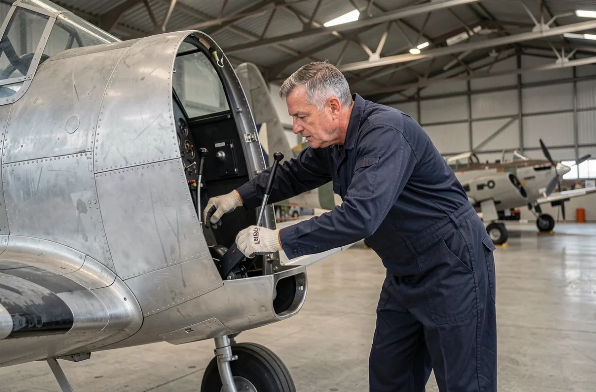 Technicien de musée aéronautique inspectant les commandes intérieures du cockpit d'un Bf 109 G restauré dans un hangar