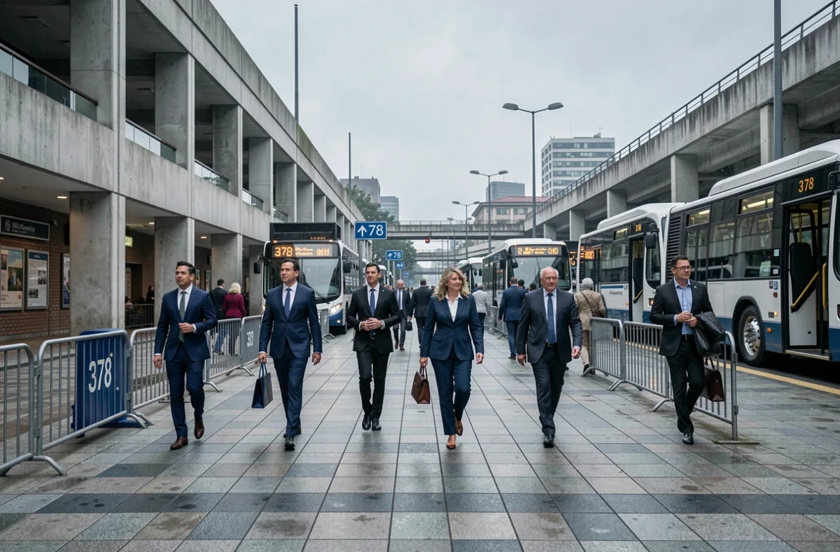 Vue large d'un terminal de bus animé avec des navetteurs et le panneau de la ligne 378 visible