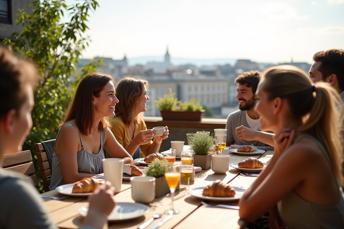 Terrasse ensoleillee avec residents prenant le petit-dejeuner