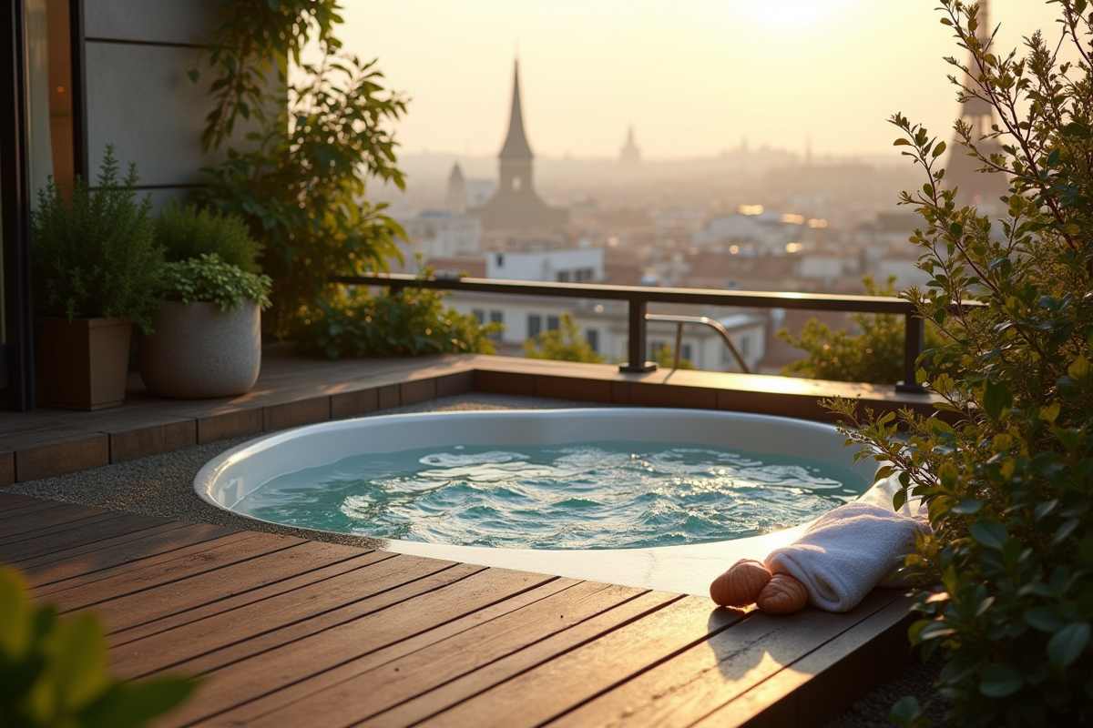 Terrasse spa extérieure à Paris au matin calme