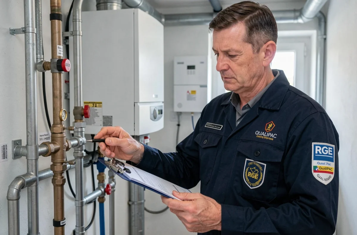 Plombier chauffagiste certifié Tissot Raphaël SARL inspectant une installation de chaudière en Haute-Savoie
