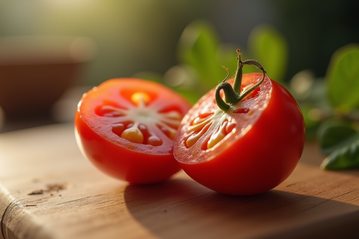 Tomate cerise coupée en deux sur une planche en bois