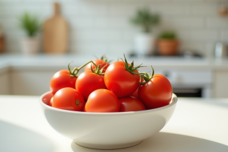 Bol rempli de tomates cerises colorées sur un plan de travail blanc