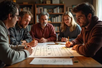 Groupe d'adultes jouant à la bataille navale sur grille double lors d'un tournoi maison autour d'une table en bois