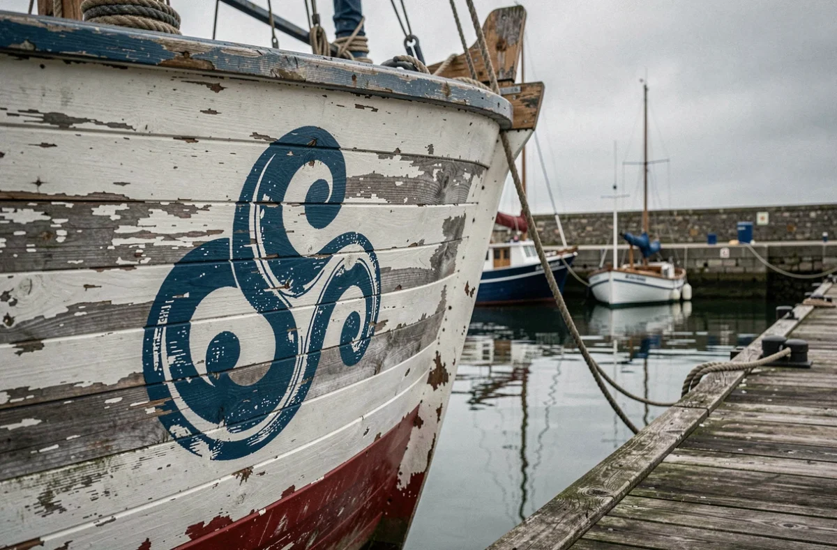 Symbole triskel peint sur la coque d'un bateau de pêche breton dans un port, représentant l'identité maritime et culturelle de la Bretagne