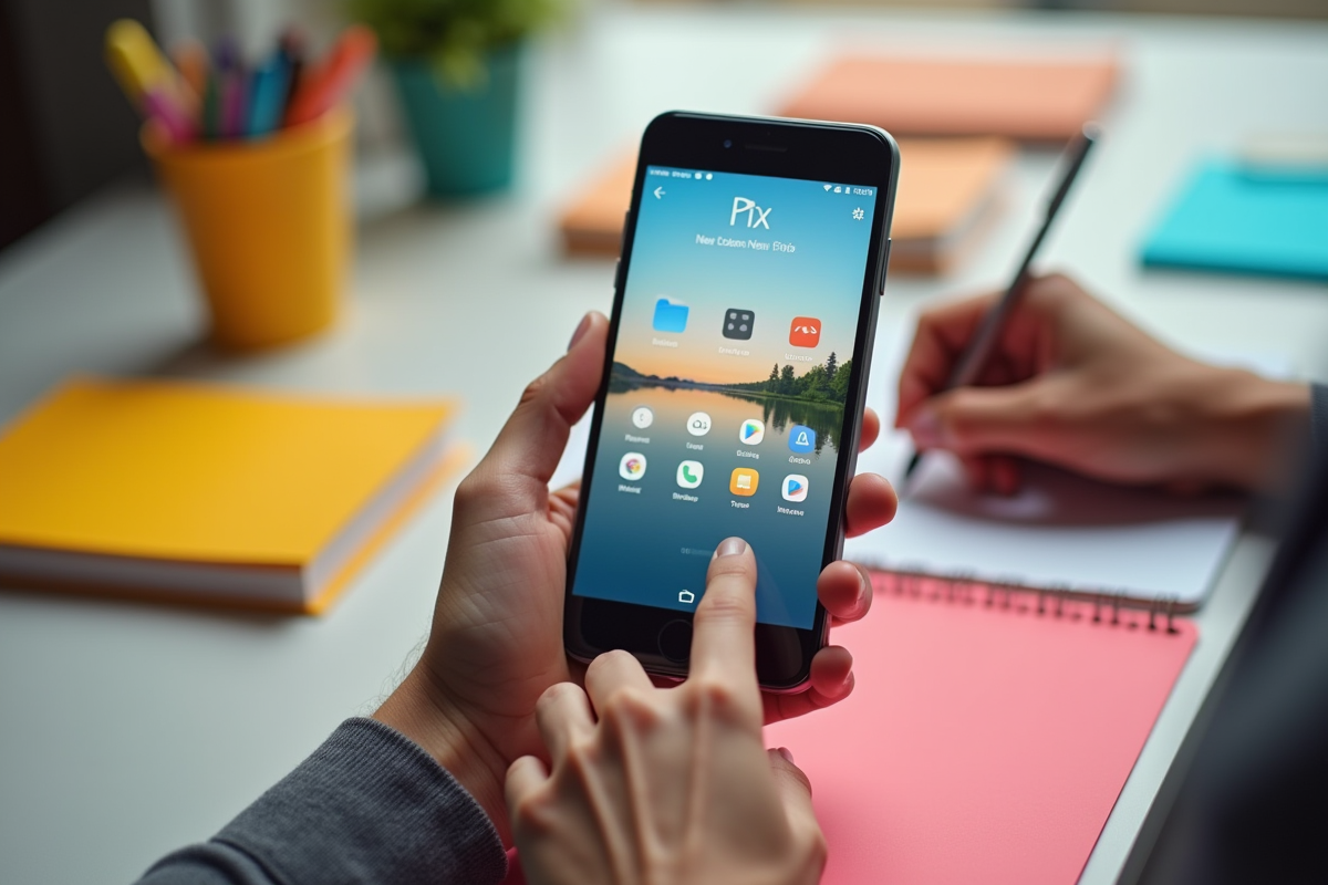 Mains tenant un smartphone avec l application Pix en action