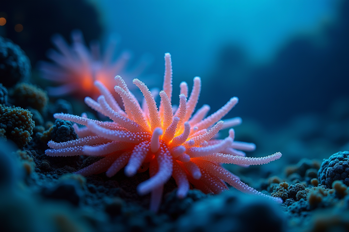 Scène sous-marine avec un tube vent et créatures bioluminescentes