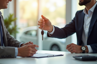 Vendeur de voitures remettant les clés à un client heureux