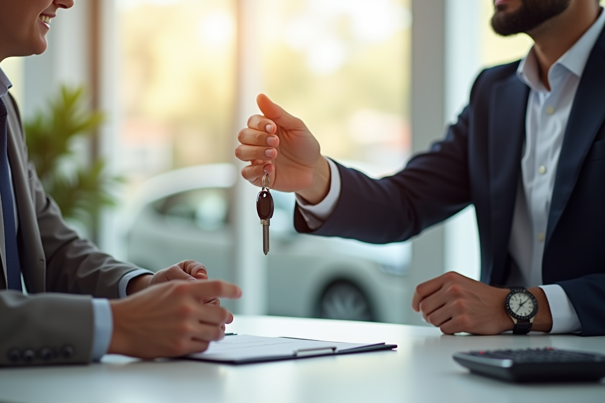 Vendeur de voitures remettant les clés à un client heureux
