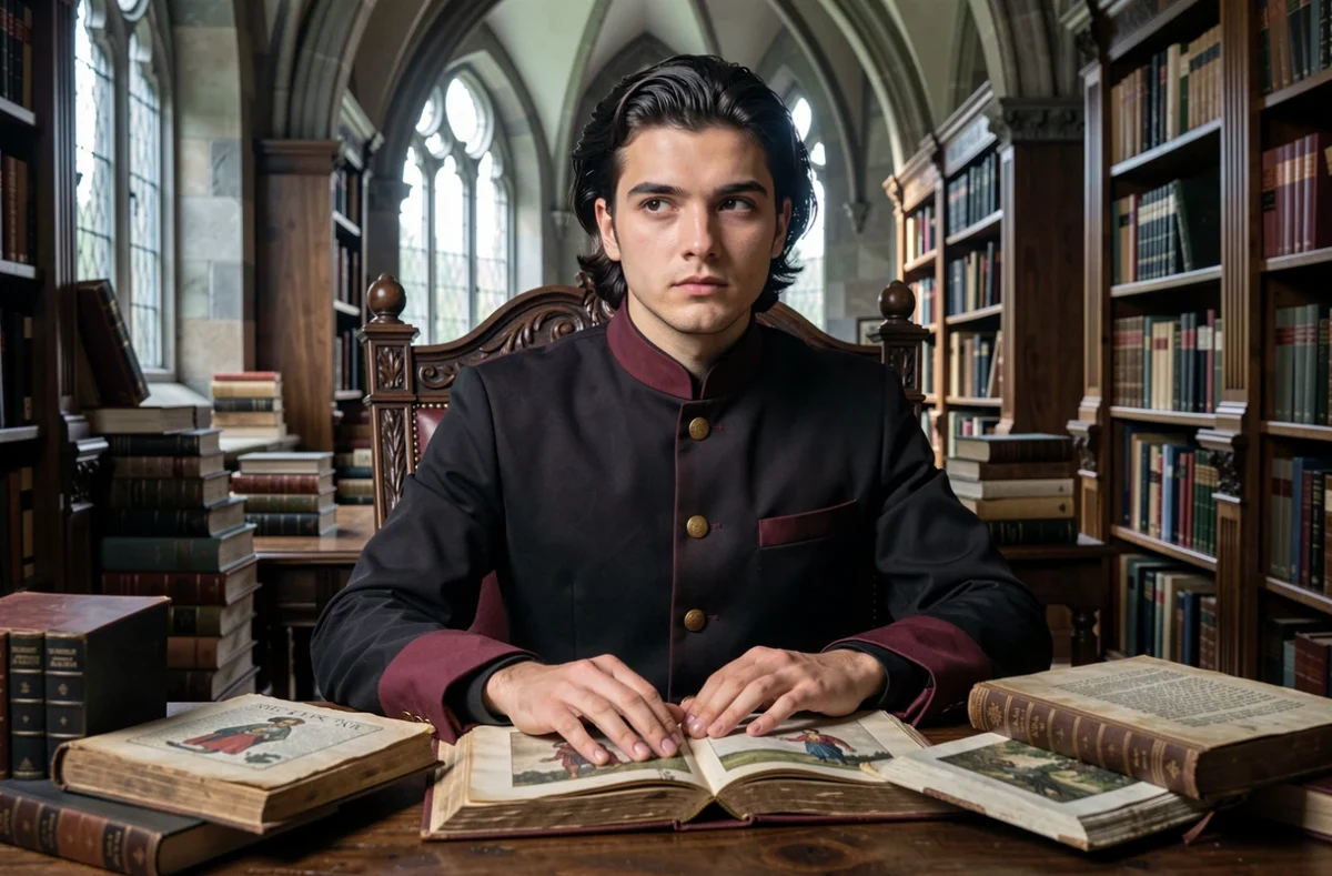 Étudiant à l'expression énigmatique assis dans une bibliothèque d'académie démoniaque entouré de livres anciens et d'une atmosphère surnaturelle
