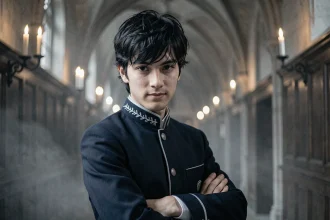 Personnage masculin aux yeux de renard dans un couloir d'académie gothique surnaturelle, portant un uniforme scolaire sombre avec broderies argentées