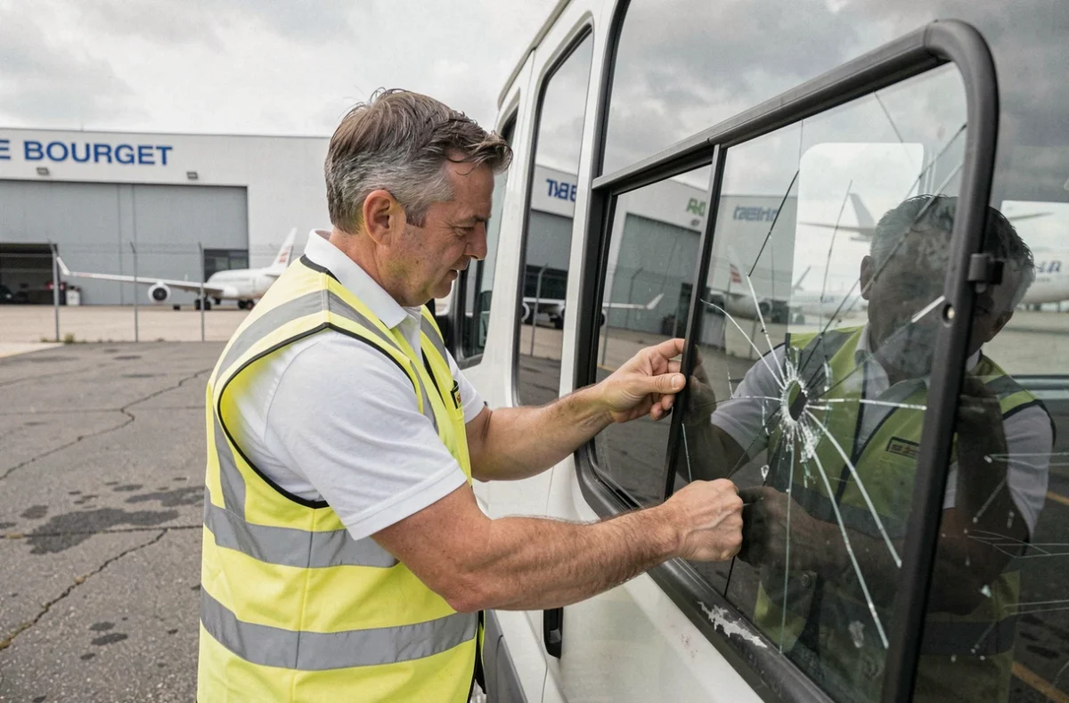 Vitrier de la Vitrerie du Bourget remplaçant une vitre de véhicule commercial près de l'aéroport du Bourget